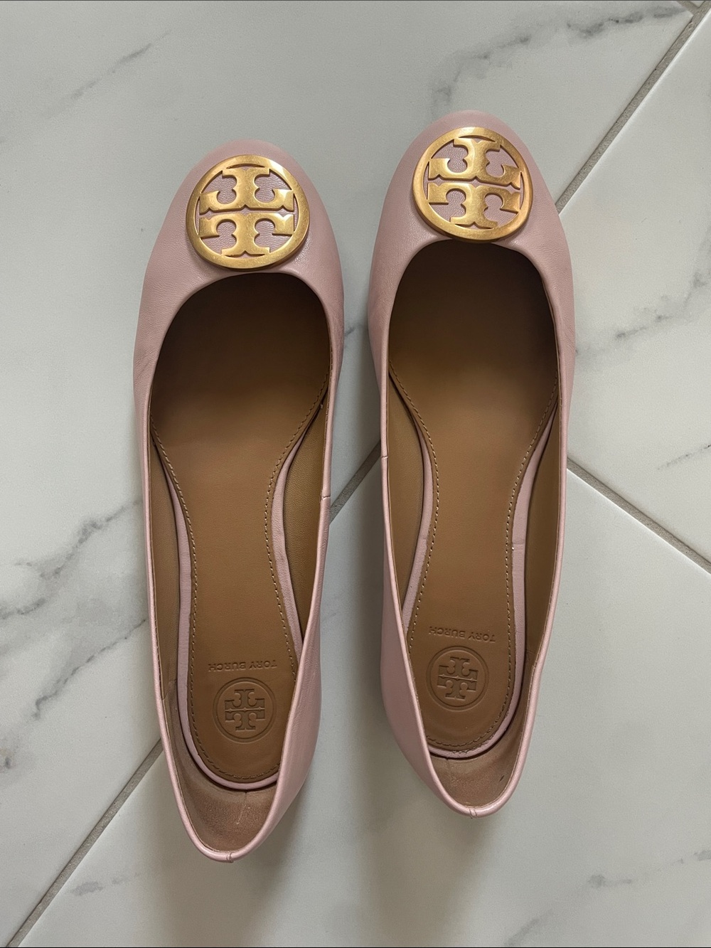 Tory Burch Blush Pink Leather Logo Ballet Flats with Gold Emblem